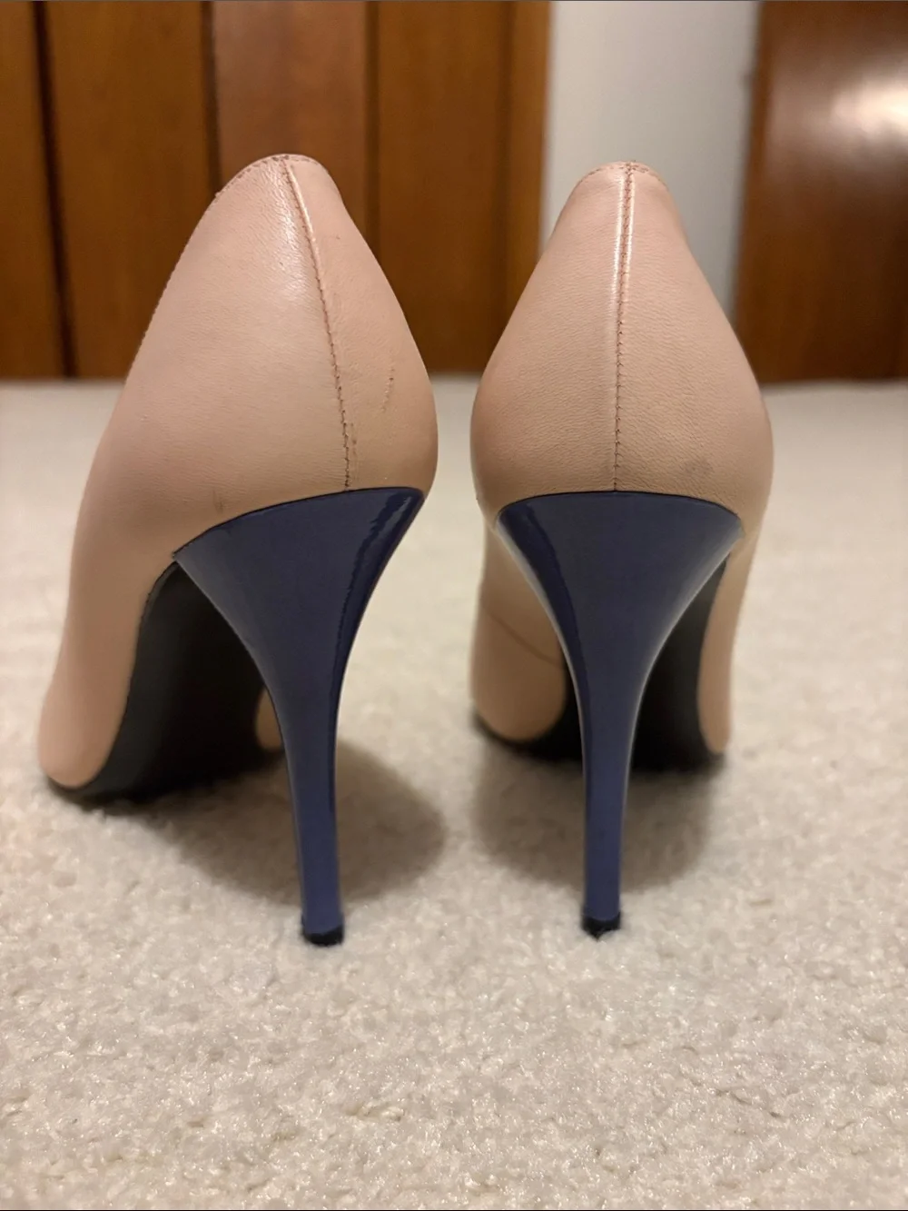 Stuart Weitzman Blush Beige Pumps with Light Gray Pointed Toes - Picture 4 of 7